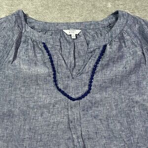Crown & Ivy Women's Blue‎ Linen Top Crochet Trim Bell Sleeve Blouse Sz L